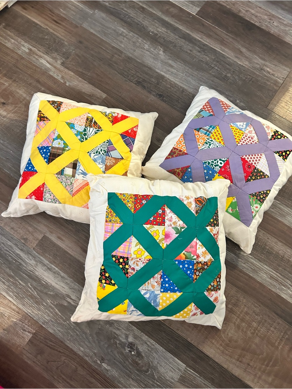 Set of 3 Primitive hand Quilted Patchwork Decorative Pillows 15x15